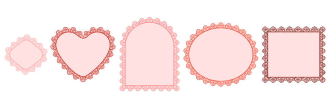 Rose floral crochet borders wrap blush diamond, heart, arch, horizontal oval plus square frames on clean ground as vintage trim set for wedding invitation labels or romantic craft stationery.