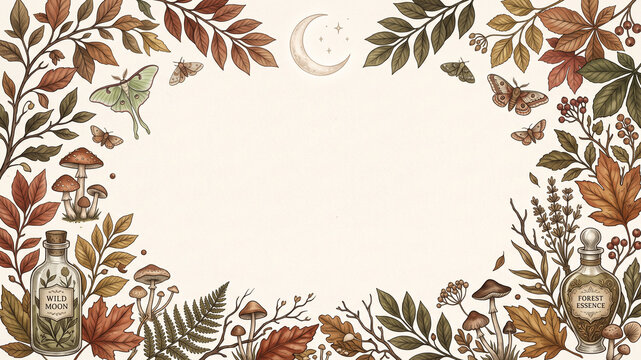 Witchcore Halloween Botanical Frame with Autumn Leaves