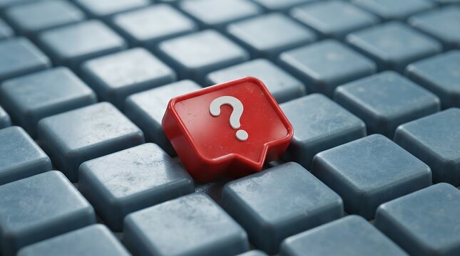 Red speech bubble icon with a white question mark symbol on a pattern of blue grid tiles, representing customer support, FAQ, online help desk, communication and query concept