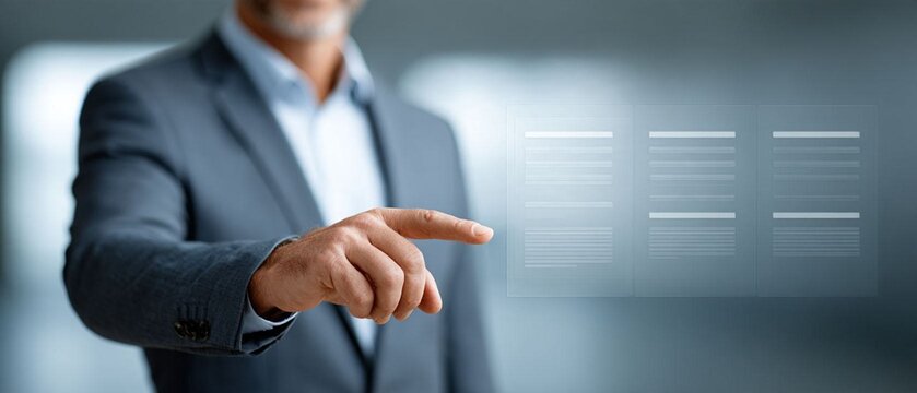 Futuristic digital hiring concept with a recruiter using a transparent holographic interface to compare professional profiles, skills assessment and candidate matching, cinematic blue lighting