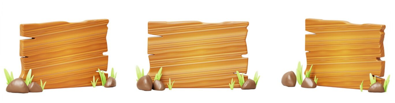 Wood sign boards or banners with grass and stones. Cartoon 3d set of wooden signboards isolated on background. Wild west billboard, forest rectangle frame, rustic plank signage plaque