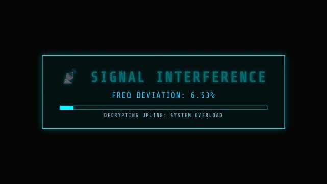 Sci-fi HUD interface cyan warning screen for SIGNAL INTERFERENCE and decrypting uplink