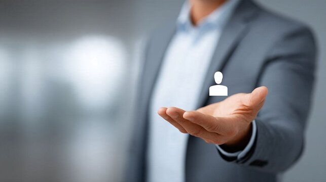 Conceptual close-up of a human hand holding a glowing digital professional profile surrounded by a vast interconnected workforce network, future of recruitment, talent assessment and HR technology,