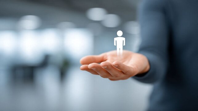 Conceptual close-up of a human hand holding a glowing digital professional profile surrounded by a vast interconnected workforce network, future of recruitment, talent assessment and HR technology,