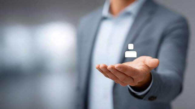 Conceptual close-up of a human hand holding a glowing digital professional profile surrounded by a vast interconnected workforce network, future of recruitment, talent assessment and HR technology,