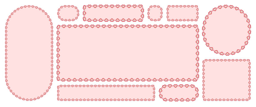 Pink heart lace borders enclose soft filled oval, rectangle, circle plus banner labels as romantic crochet trim set isolated on white background for gift tags, cards or wedding stationery.
