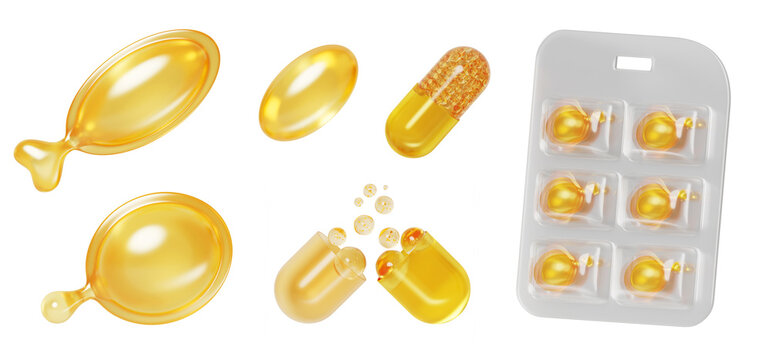 Golden capsules 3D set. Fish oil, omega 3 with yellow liquid bubbles, softgel vitamin E or D3, medicine blister pack with pills, collagen supplement, gold serum for hair and skin care