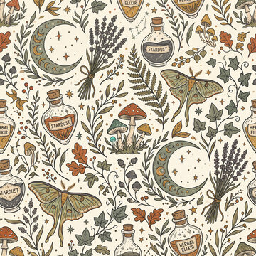 Elegant botanical cottage core witch pattern with moons and potion vials