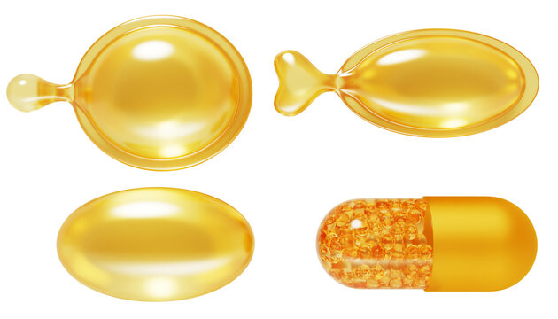 Fish oil capsules 3d set. Yellow omega 3, food supplements, gold round and oval pills isolated on white. Golden cosmetic bubbles, hair vitamin, collagen gel serum, hyaluronic essence