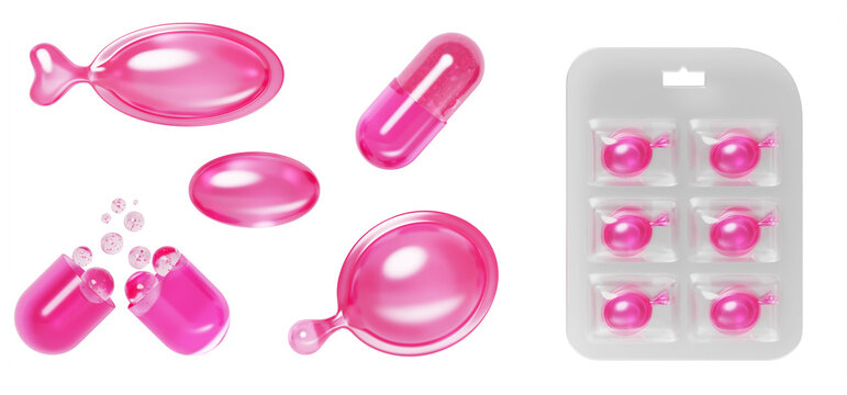 Pink hair vitamin capsules 3d set. Blister pack, round and oval softgels with liquid bubbles. Treatment serum oil, jelly collagen pills with hyaluronic acid and Q10 for beauty skin