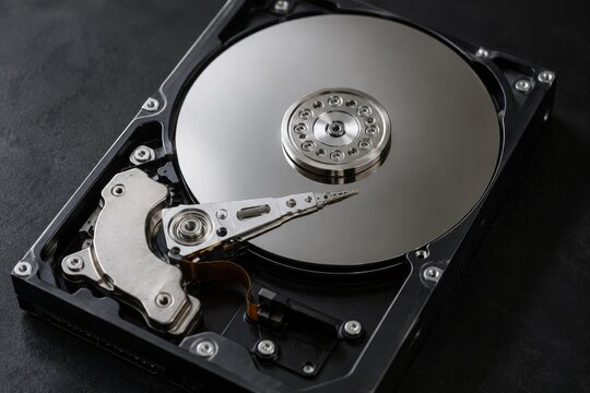 Exposed hard disk platter and actuator arm in closeup