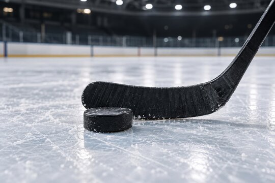 Black hockey puck and stick blade on scratched ice