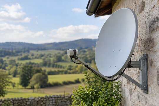 Satellite dish mounted on a rural house wall