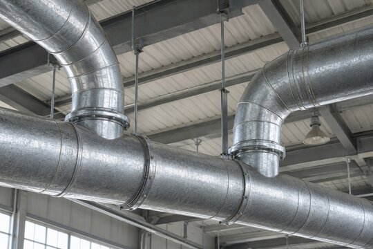 Galvanized ventilation ducts beneath a workshop ceiling