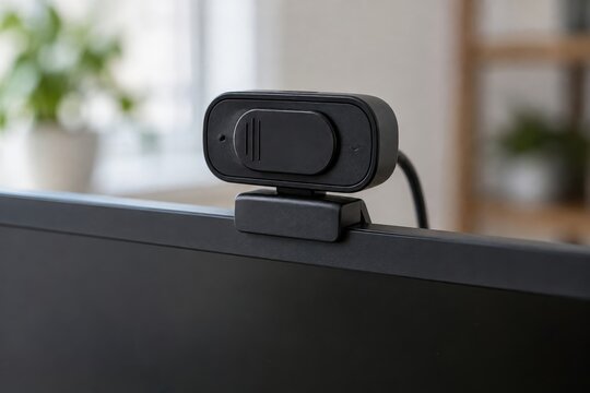 Webcam with a closed privacy shutter on a computer monitor