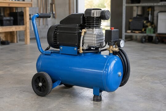 Portable blue air compressor on a workshop floor