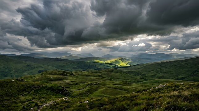 Dramatic stormy skies over a rural landscape with fields and distant hills