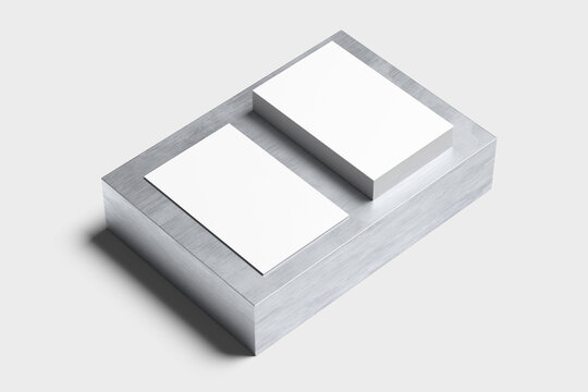 white business card on metal with a gray background, 3D render