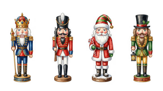 Set of four traditional christmas nutcracker figurines isolated on transparent background