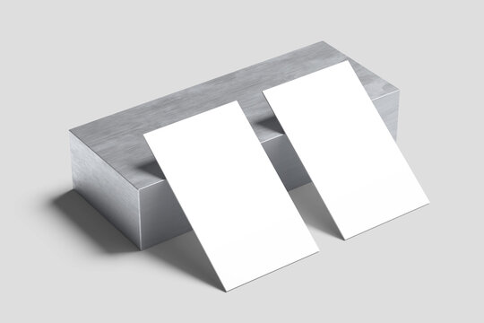 white business card on metal with a gray background, 3D render