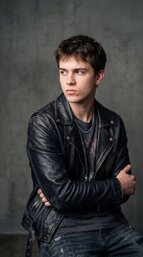 Young man with short brown hair wearing black leather jacket and dark jeans sits with arms crossed, looking away with rebellious and thoughtful expression against gray background