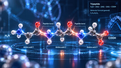 Fototapeta premium Tripeptide molecular structure with amino acid and peptide bond details in futuristic digital scientific environment