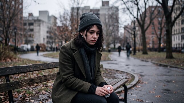 Sad young adult woman sitting alone on park bench in autumn, wearing dark coat and beanie, looking down with thoughtful and melancholic expression, urban background