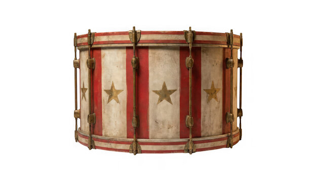Vintage military style marching drum with red and white stripes and gold stars isolated on transparent background