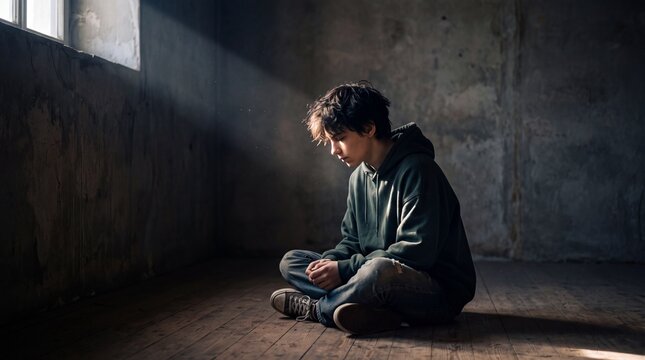 Teenager depression loneliness sadness mental health sitting dark room window light solitude emotional casual clothing wooden floor