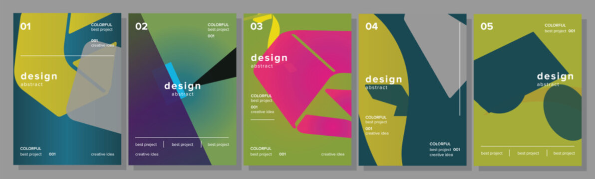 Set of five abstract geometric colorful graphic design posters, presenting modern minimal art templates with creative ideas for various marketing and artistic projects
