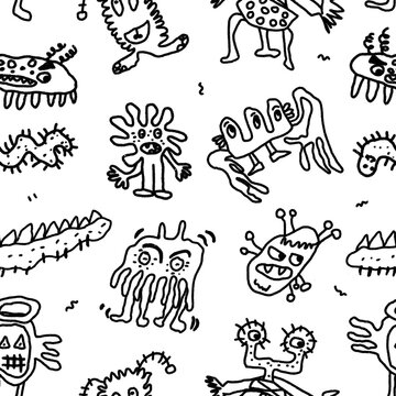 Playful Hand Drawn Monster Doodle Seamless Pattern on Black Background