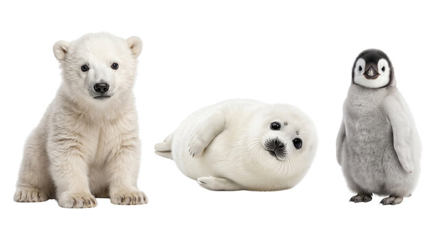 Arctic baby animals collection, polar bear cub with harp seal pup and penguin chick, cute winter wildlife set on white background
