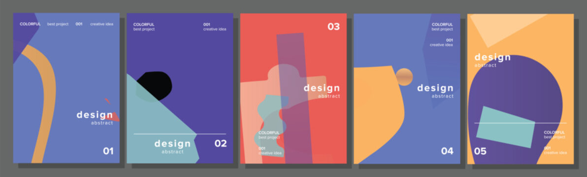 Set of five contemporary graphic art posters featuring vibrant colors and abstract geometric shapes, creating a dynamic visual background for design projects and branding