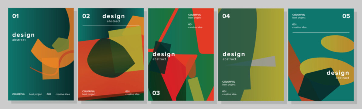 Collection of five abstract posters featuring vibrant overlapping geometric shapes and forms, creating modern layouts for branding and creative projects