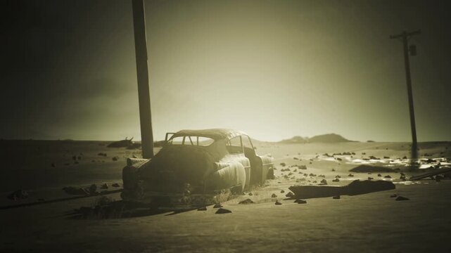 Sun bleached vintage car on sand, leaning telephone poles and empty road stretching to horizon, intense backlight creating halo and long shadows, cracked