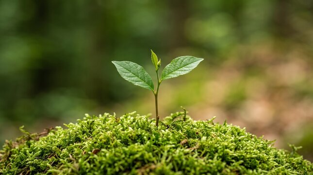 Seedling growing on moss mound photo, young green plant sprout in forest nature, ecology concept