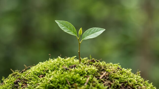 Seedling growing from moss mound photo, young green plant sprout in forest environment representing nature conservation, ecology, and new life development