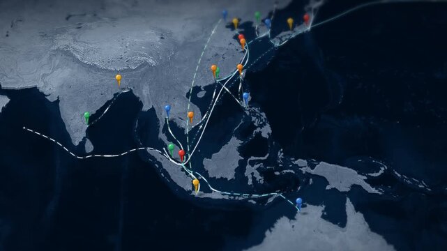 Asia Pacific shipping trade route map with pinned port locations
