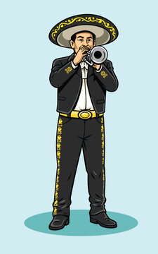 illustration of a Mexican mariachi musician playing trumpet in traditional charro suit and sombrero