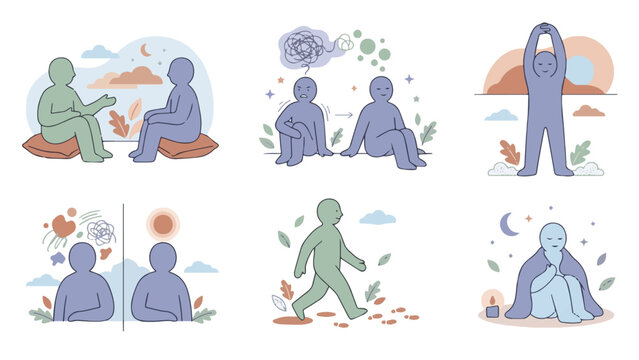 Mental health and therapy vector set, calm faceless silhouette figures practicing mindfulness and emotional balance, flat illustration, set of 6