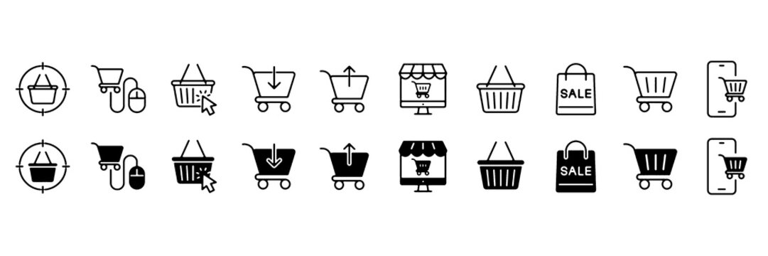 Shopping cart icon set. E-commerce and online purchase symbol. Vector illustration.