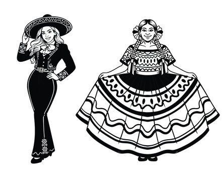 Detailed retro black and white line art illustration set of Mexican women in traditional mariachi suit and folklorico dress