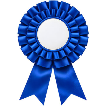 A classic royal blue award ribbon rosette with multiple layers of finely pleated satin fabric, perfectly symmetrical circular shape, completely blank white center badge, elegant hanging ribbon tails, 