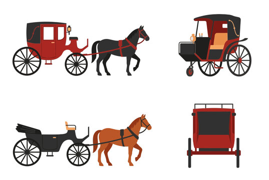 Set of vintage horse-drawn carriages and classical coaches from the Victorian era. Detailed illustrations of historical transportation, including horses pulling various red and black carriage styles.