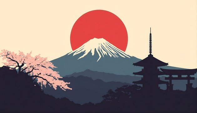 Japanese Landscape Silhouette with Torii Gate and Pagoda