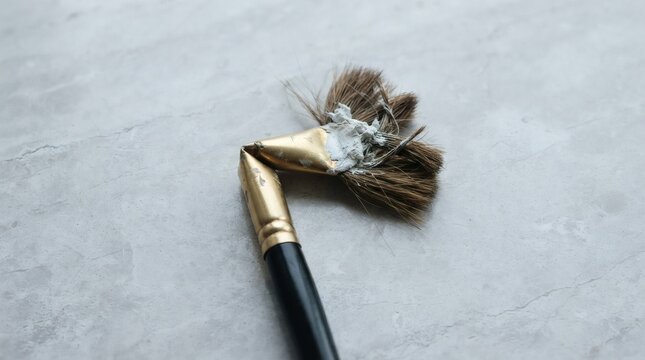 Broken paintbrush with bent metal ferrule and dried white paint on gray surface
