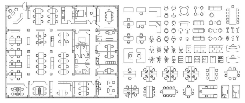 Detailed Office Floor Plan and Furniture Symbols Set, Isolated on Tranceparent background png