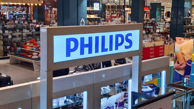 Philips illuminated brand logo sign displayed in home appliance department of modern retail shopping mall on September 23, 2026 in Bangkok, Thailand.