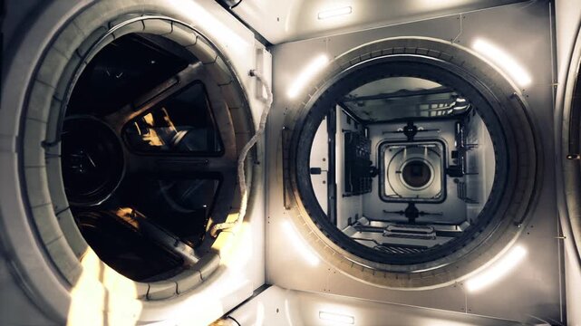 Circular docking hatch inside space station, metallic corridor lit by warm LEDs, visible control panels, maintenance access for robotic inspector