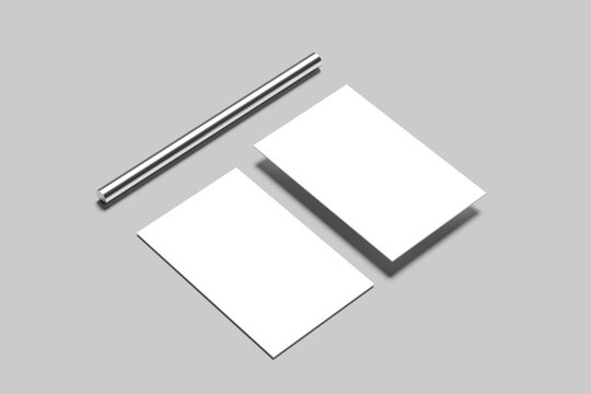 white business card with a round metal on gray background 3D rendered